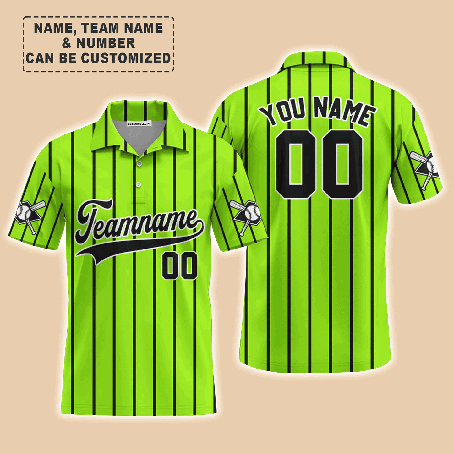 Customized Baseball Men Polo Shirt, Canada Baseball Logo Green With Black Stripes Custom Polo Shirt - Perfect Polo Shirt For Men, Baseball Lovers