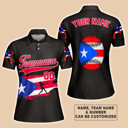 Customized Baseball Women Polo Shirt, Puerto Rico Baseball Black White Red Custom Polo Shirt - Perfect Polo Shirt For Women, Baseball Lovers