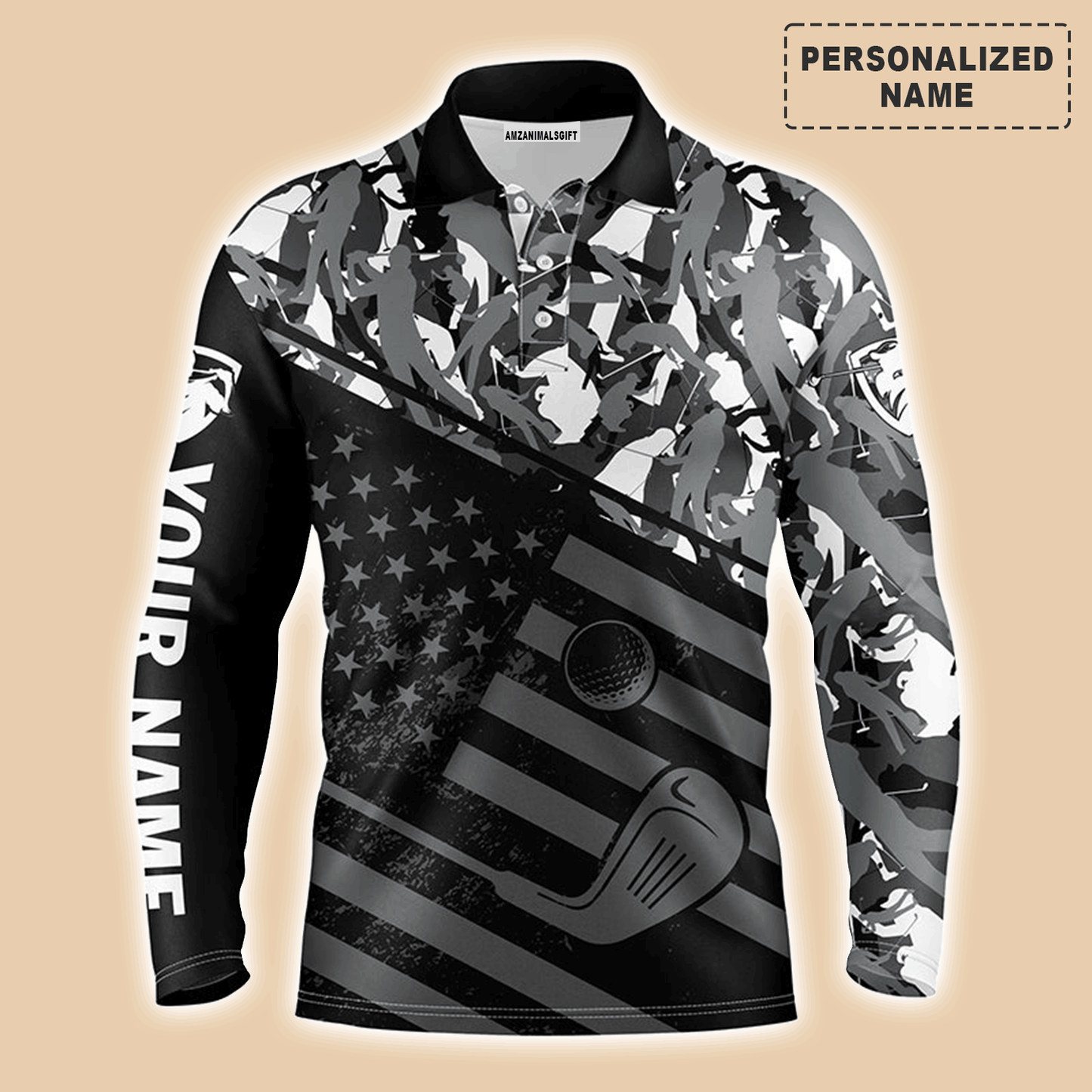 Custom Golf Long Sleeve Men Polo Shirt-Black American Flag Patriotic Camo Pattern Custom Name Apparel-Personalized Gift For Golf Lover, Team, 4th July