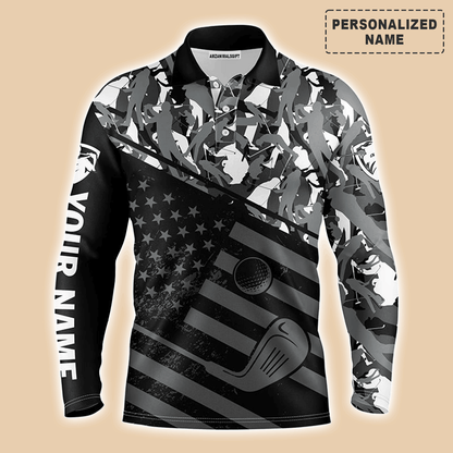 Custom Golf Long Sleeve Men Polo Shirt-Black American Flag Patriotic Camo Pattern Custom Name Apparel-Personalized Gift For Golf Lover, Team, 4th July