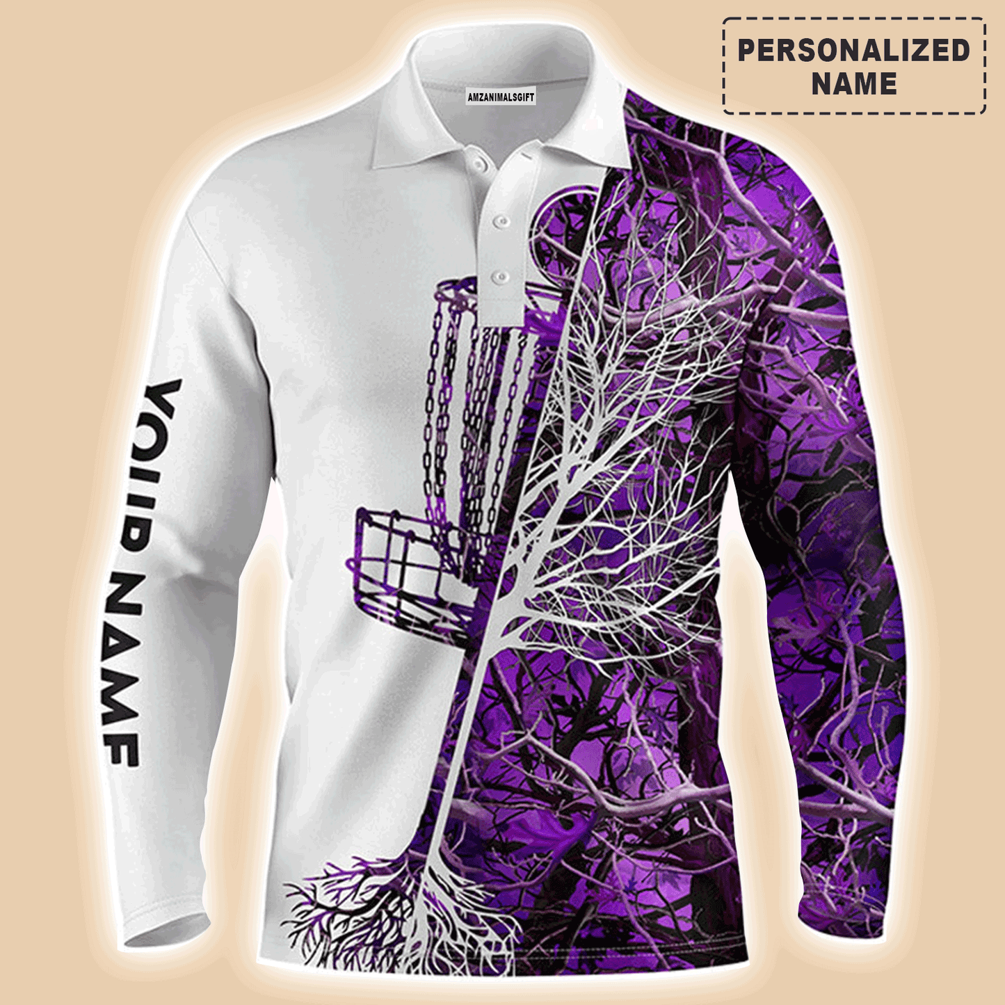 Custom Golf Long Sleeve Men Polo Shirt, Custom Name Pink Camo Disc Golf Basket Apparel Men Polo Shirt - Perfect Gift For Men, Golf Lover