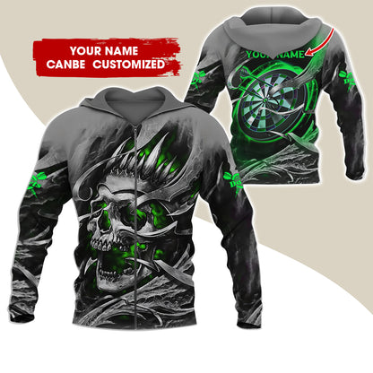 Customized Name Skull Darts Premium Zip Hoodie, Personalized Name Dartboard Zip Hoodie For Men & Women - Gift For Darts Lovers, Darts Players