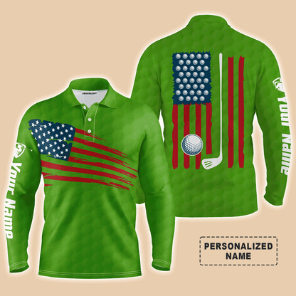 Custom Golf Long Sleeve Men Polo Shirt, Custom Name Multicolor American Flag Patriotic Apparel - Perfect Gifts For Men, Golf Lover