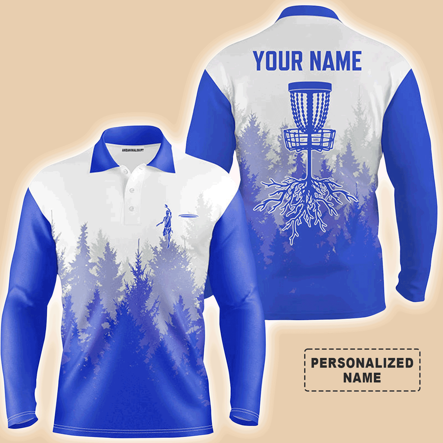 Custom Disc Golf Long Sleeve Men Polo Shirt - Disc Golf Basket Hole In The Woods Custom Name Multicolor Apparel For Men, Disc Golf Lover