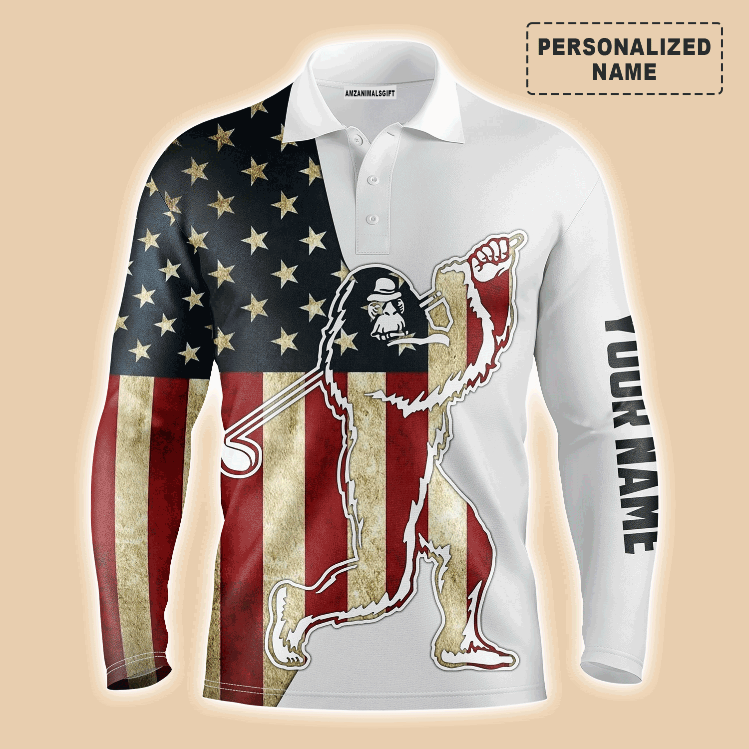 Custom Disc Golf Long Sleeve Men Polo Shirt - Custom Name American Flag Sasquatch Playing Apparel Men Polo Shirt - Perfect Polo Shirt For Men