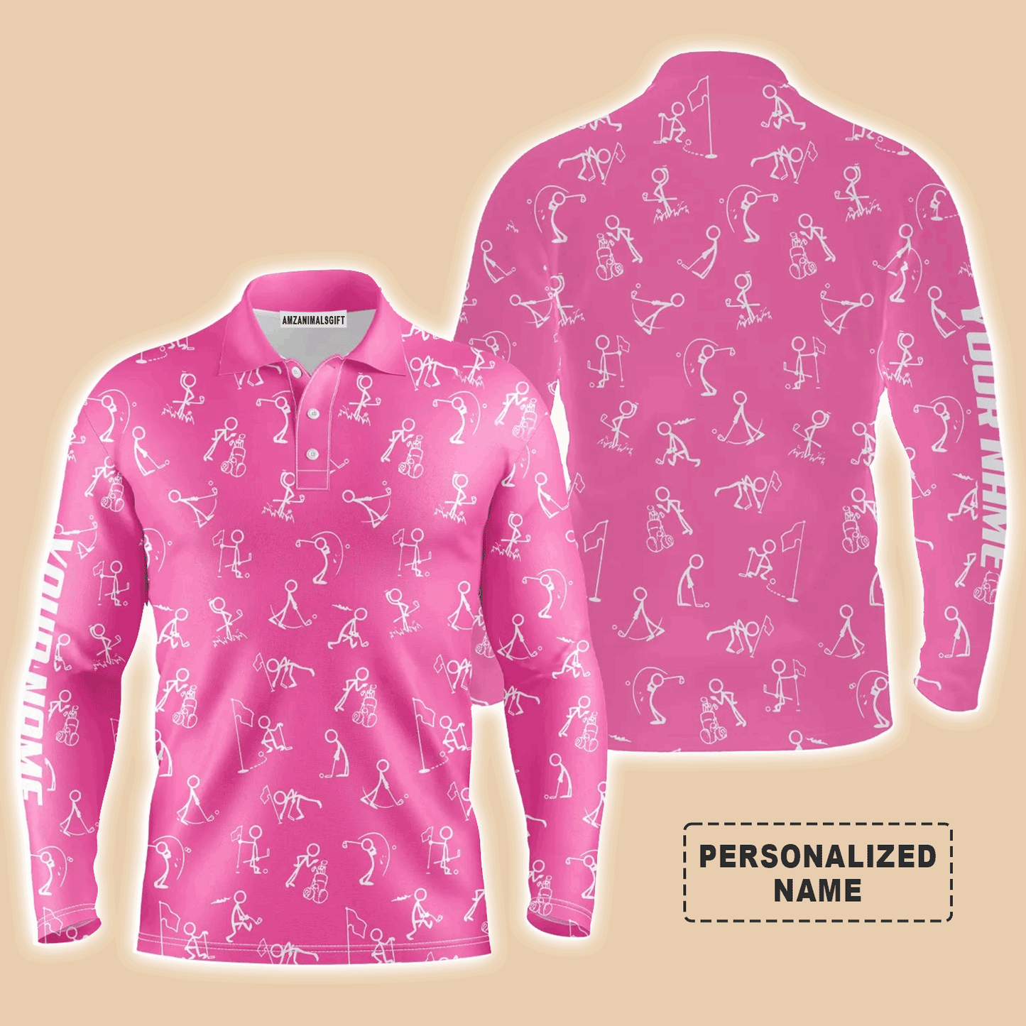 Custom Golf Long Sleeve Men Polo Shirt- Funny Golf Pattern Custom Name Multicolor Apparel - Personalized Gift For Men, Golf Lover, Team, Husband