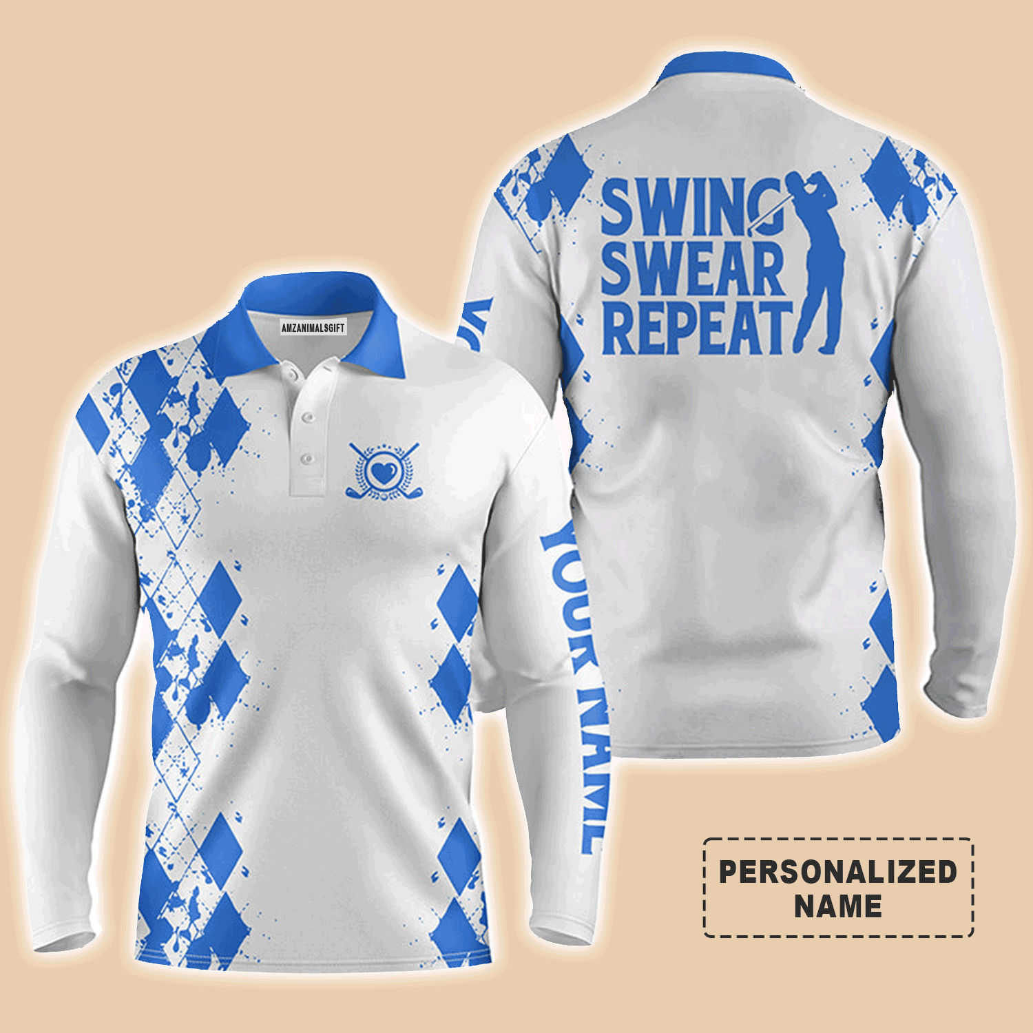 Custom Golf Long Sleeve Men Polo Shirt -Argyle Pattern Custom Name Apparel, Swing Swear Repeat Men Golf Polo Shirt-Perfect Polo Shirt For Men, Golfers