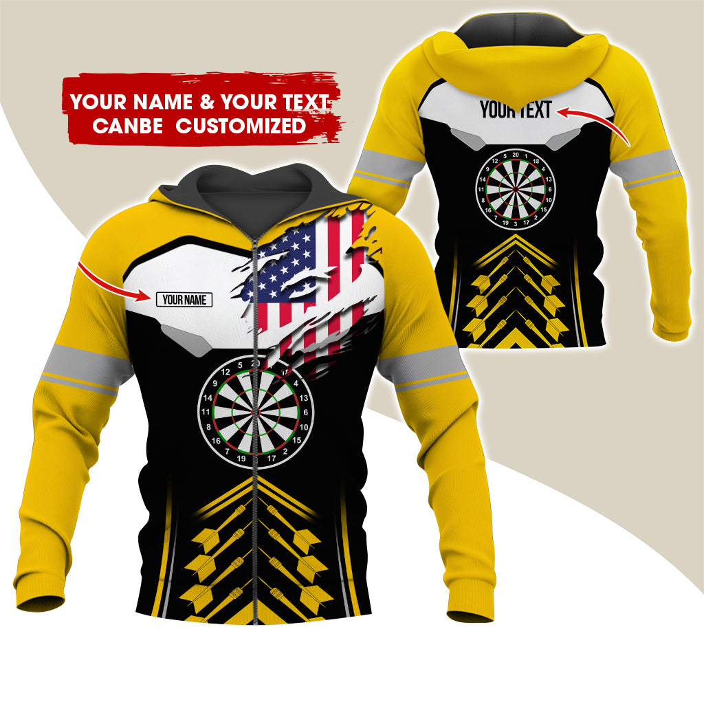 Customized Name American Flag Darts Premium Zip Hoodie, Personalized Black Pattern Zip Hoodie For Men & Women - Gift For Darts Lovers, Darts Players