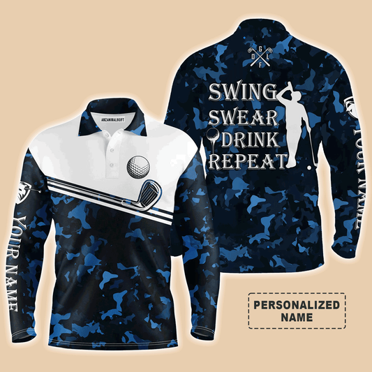 Custom Golf Long Sleeve Men Polo Shirt - Swing Swear Drink Repeat Custom Name Camo Pattern Apparel - Personalized Gift For Men, Golf Lover