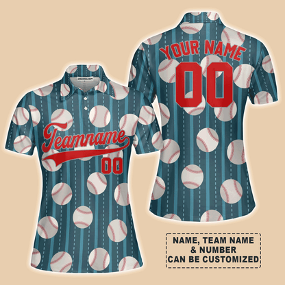 Customized Baseball Women Polo Shirt, Teal Baseball Striped Pattern Custom Polo Shirt - Perfect Polo Shirt For Women, Baseball Lovers
