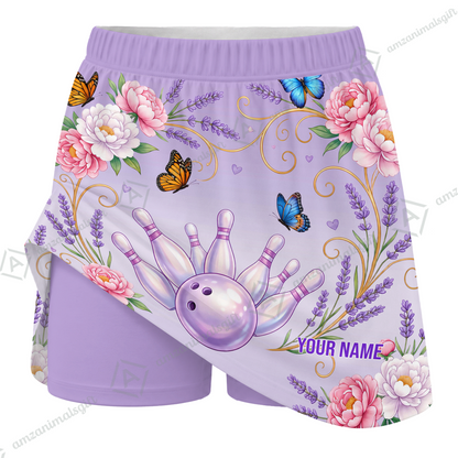 Customized Bowling Trouser Skirts With Shorts Underneath, Bowling Butterfly And Floral Scroll With Pockets