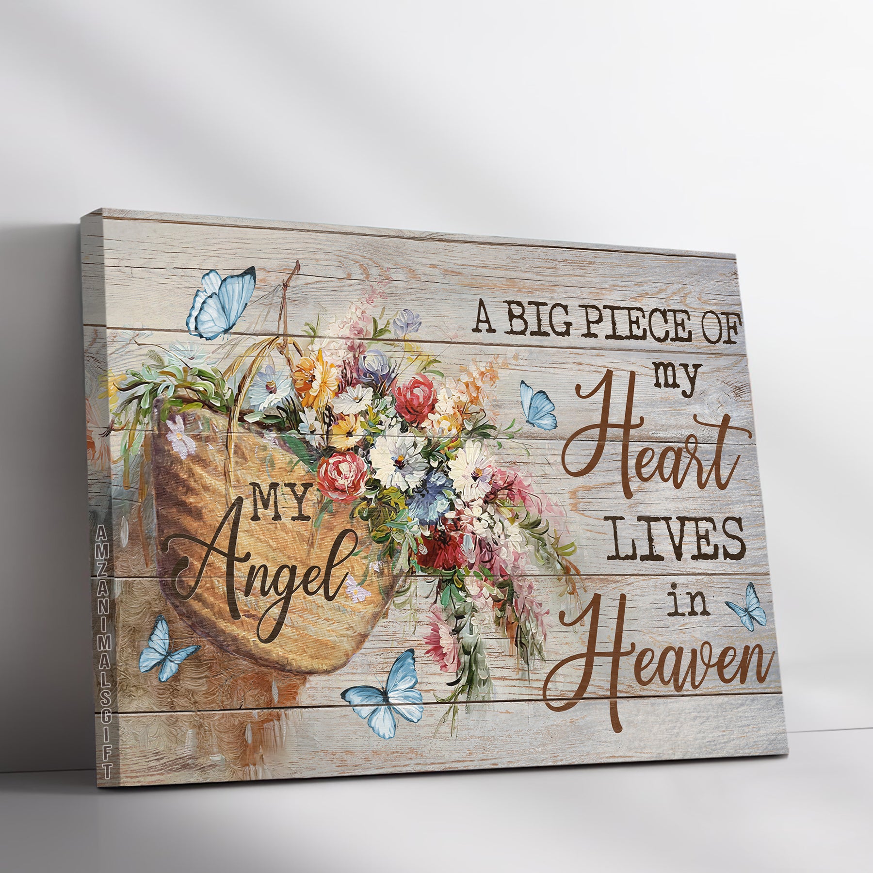 Memorial Premium Wrapped Landscape Canvas - Wild Flower Basket, Butterfly, A Big Piece Of My Heart Lives In Heaven - Heaven Gift For Members Family