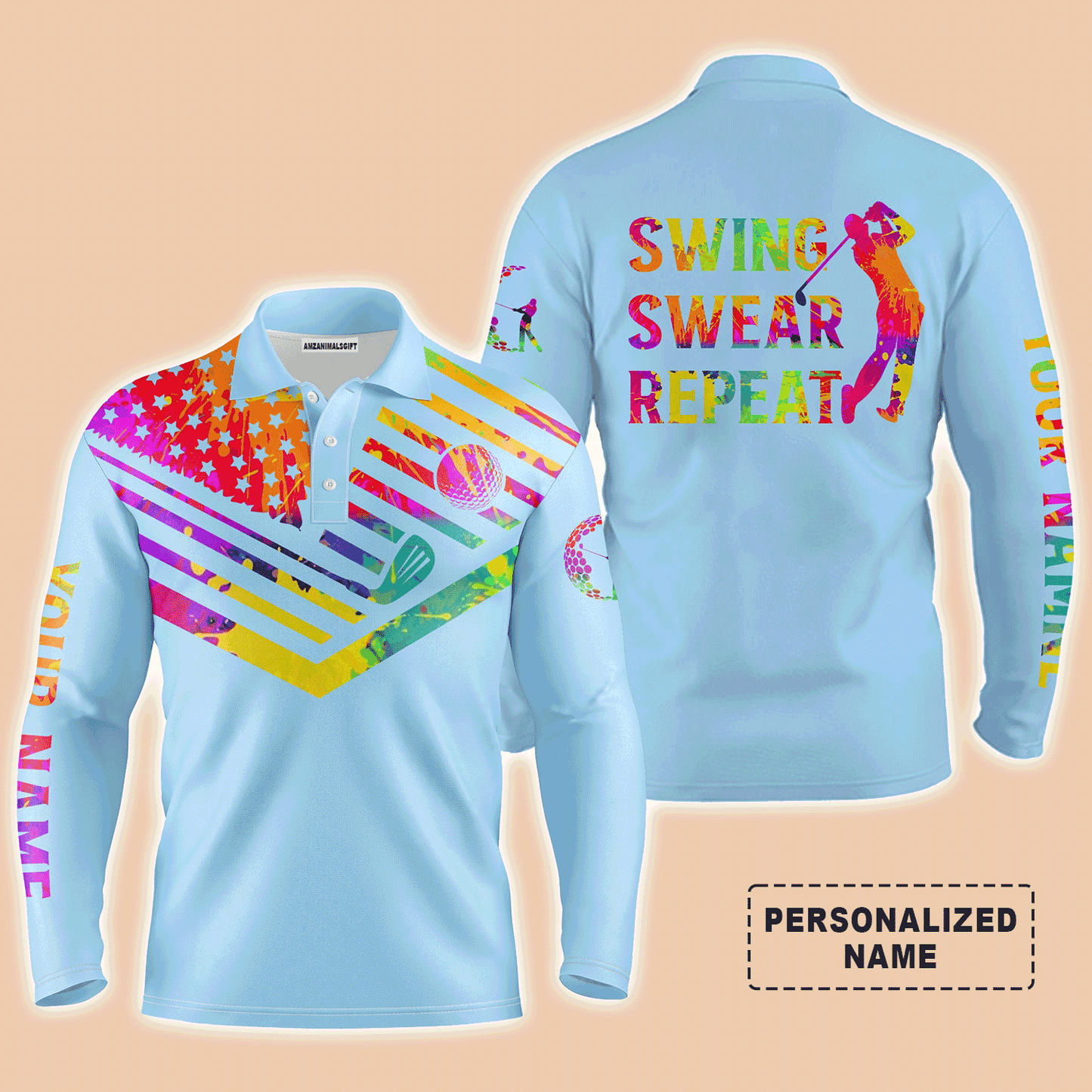 Custom Golf Long Sleeve Men Polo Shirt- Custom Name Watercolor American Flag Multicolor Apparel,Swing Swear Repeat Men Golf Polo Shirt  For Golf Lover