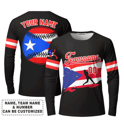 Customized Baseball Long Sleeve Shirt, Puerto Rico Baseball Black White Red Custom Long Sleeve Shirt - Perfect Long Sleeve Shirt For Men & Woman, Baseball Lovers