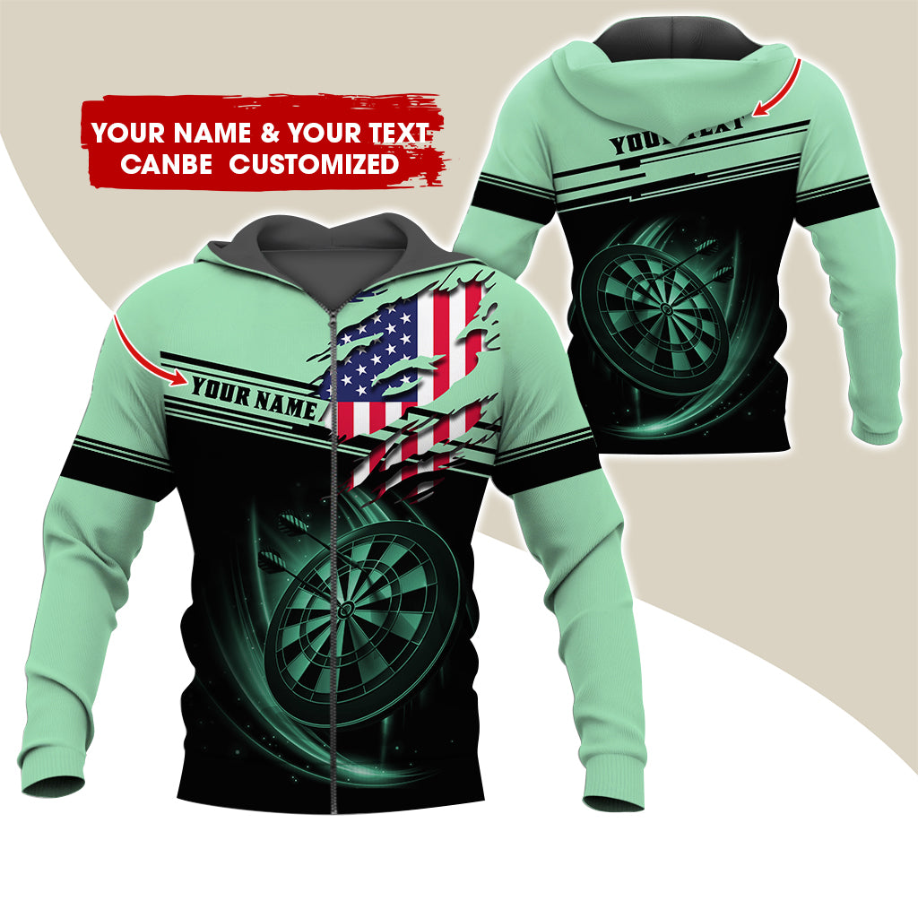 Custom Name & Text Darts Premium Zip Hoodie, Customized Name American Flag Darts Zip Hoodie For Men & Women - Gift For Darts Lovers, Darts Players