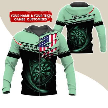 Custom Name & Text Darts Premium Zip Hoodie, Customized Name American Flag Darts Zip Hoodie For Men & Women - Gift For Darts Lovers, Darts Players