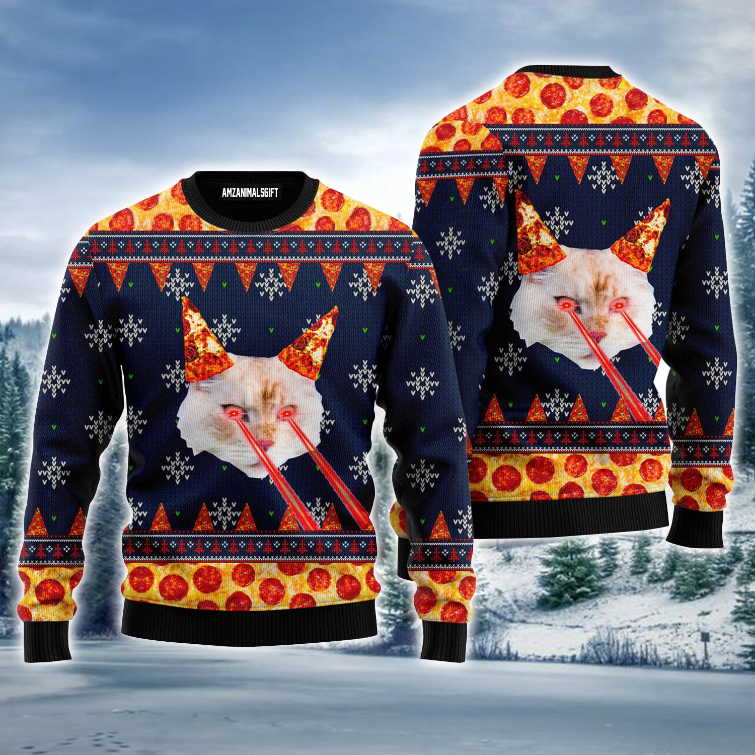 Pizza Cat With Laser Eyes Ugly Christmas Sweater, Funny Cat, Christmas Pattern Ugly Sweater For Men & Women - Perfect Gift For Christmas, Cat Lovers