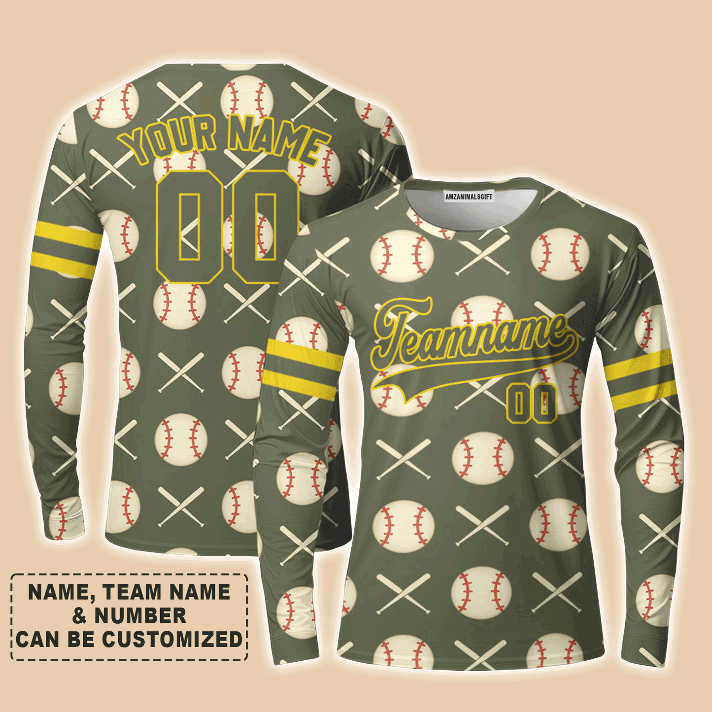 Customized Baseball Long Sleeve Shirt, Olive Baseball Striped Pattern Custom Long Sleeve Shirt - Perfect Long Sleeve Shirt For Men & Woman, Baseball Lovers