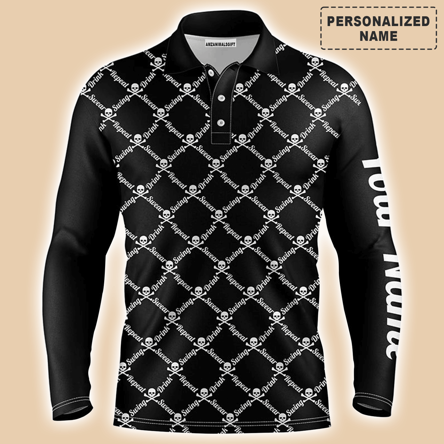 Custom Golf Long Sleeve Men Polo Shirt -Swing Swear Drink Repeat Skull Pattern Apparel-Personalized Gift For Golf Lover, Team, Husband, Boyfriend, Men