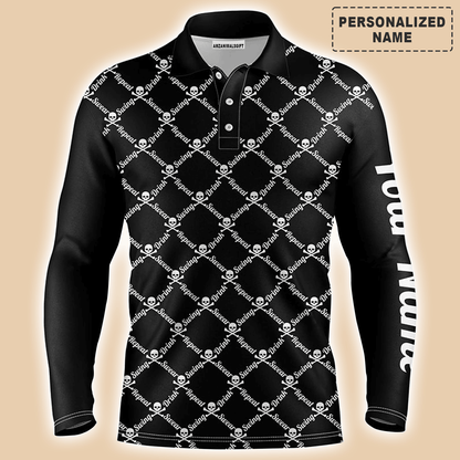 Custom Golf Long Sleeve Men Polo Shirt -Swing Swear Drink Repeat Skull Pattern Apparel-Personalized Gift For Golf Lover, Team, Husband, Boyfriend, Men