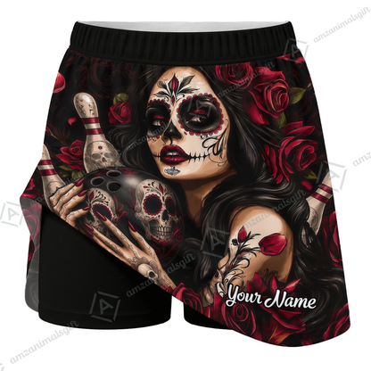 Customized Bowling Trouser Skirts With Shorts Underneath, Bowling Sugar Skull Women With Pockets
