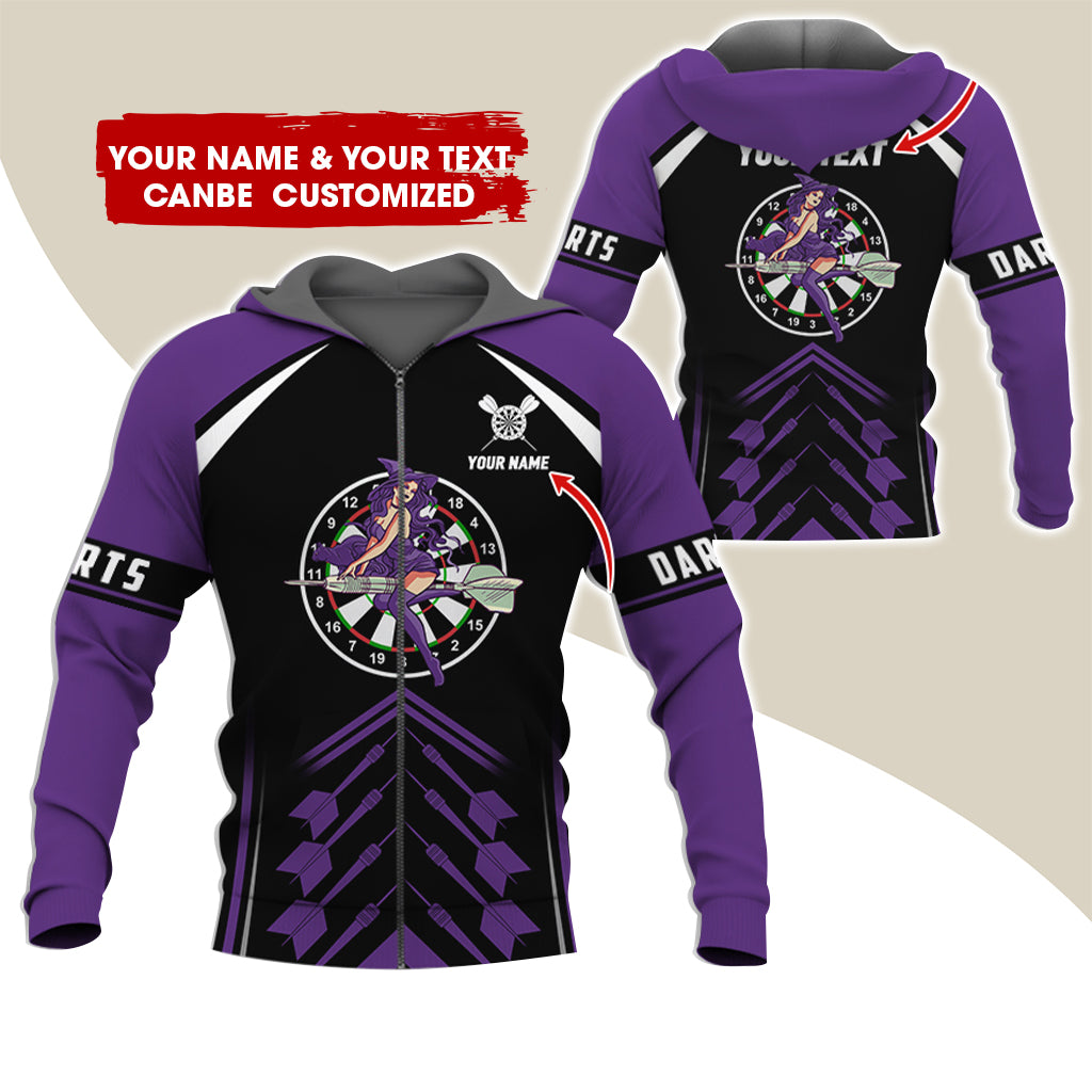 Customized Name & Text Witch Darts Premium Zip Hoodie, Personalized Name Dartboard Zip Hoodie For Men & Women - Gift For Darts Lovers, Darts Players