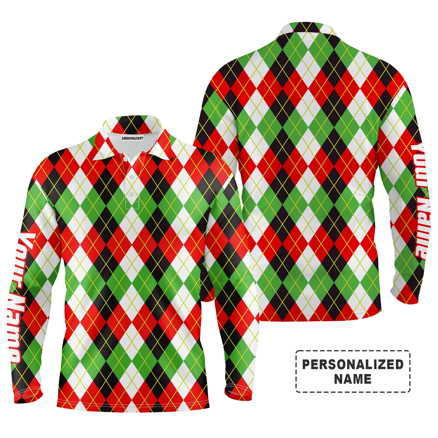 Custom Long Sleeve Men Polo Shirt, Personalized Christmas Plaid Argyle Pattern Polo Shirts - Perfect Gift For Men, Golf Lovers