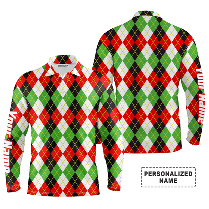 Custom Long Sleeve Men Polo Shirt, Personalized Christmas Plaid Argyle Pattern Polo Shirts - Perfect Gift For Men, Golf Lovers