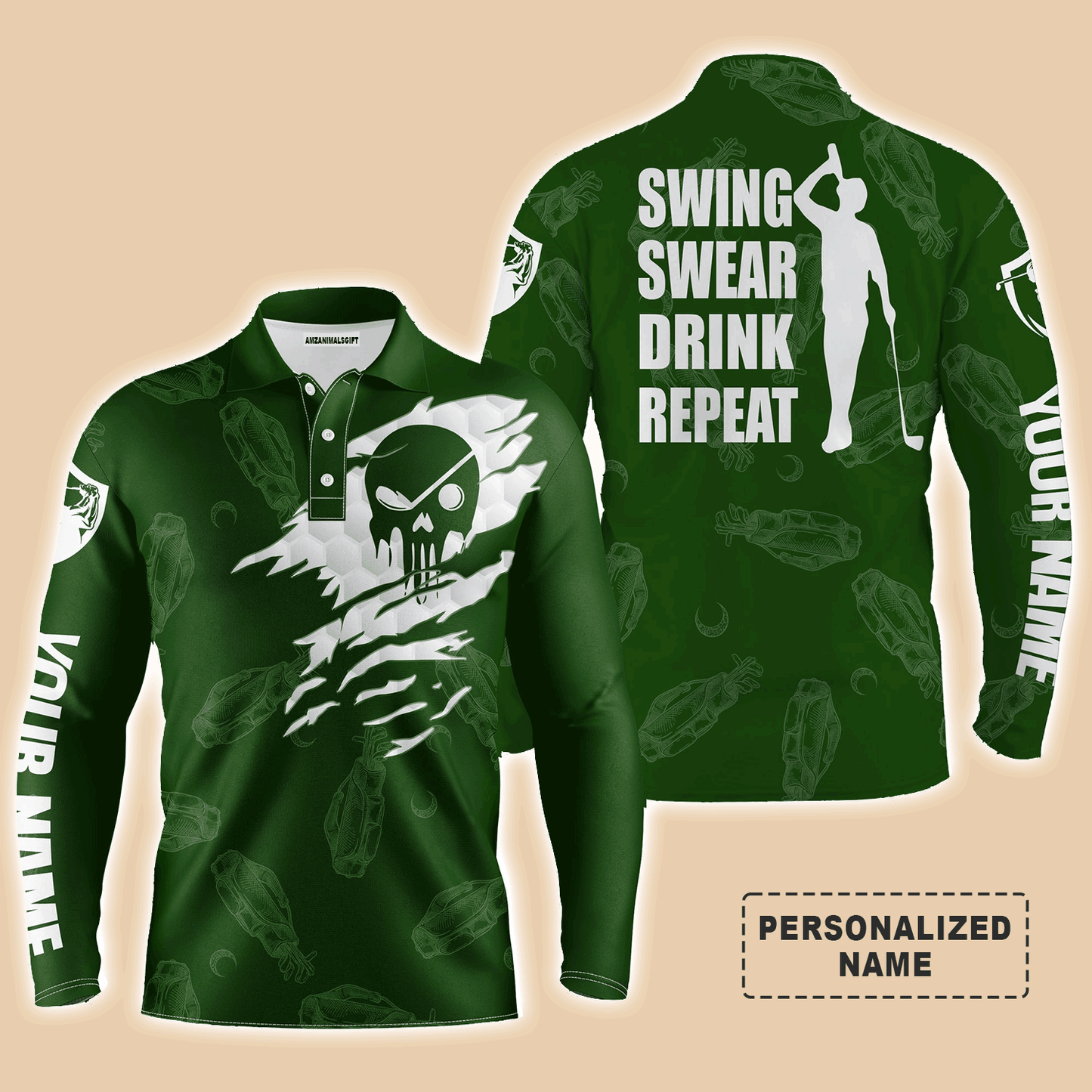 Golf Men Polo Shirt - Custom Name Multicolor Golf Clubs Pattern - Swing Swear Drink Repeat Men Polo Shirt For Golf Lover