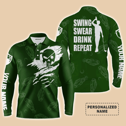 Golf Men Polo Shirt - Custom Name Multicolor Golf Clubs Pattern - Swing Swear Drink Repeat Men Polo Shirt For Golf Lover