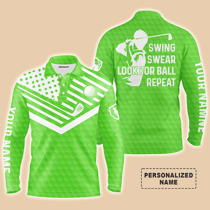 Custom Golf Long Sleeve Men Polo Shirt -  Custom Name American Flag Apparel - Swing Swear Look For Ball Repeat Men Golf Polo Shirt