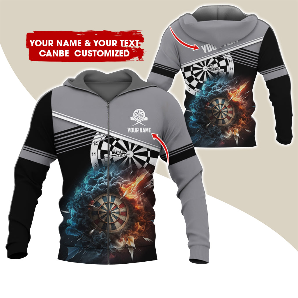 Personalized Name & Text Darts Premium Zip Hoodie, Customized Name Cloudy Fire Darts Zip Hoodie For Men & Women - Gift For Darts Lovers, Darts Players