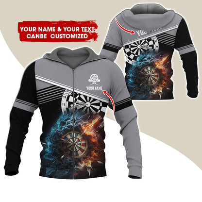 Personalized Name & Text Darts Premium Zip Hoodie, Customized Name Cloudy Fire Darts Zip Hoodie For Men & Women - Gift For Darts Lovers, Darts Players