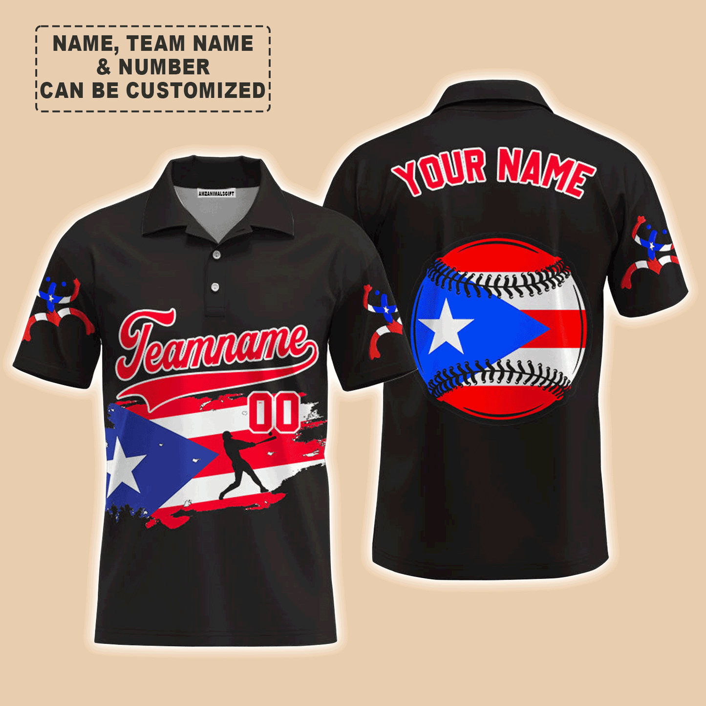 Customized Baseball Men Polo Shirt, Puerto Rico Baseball Black White Red Custom Polo Shirt - Perfect Polo Shirt For Men, Baseball Lovers