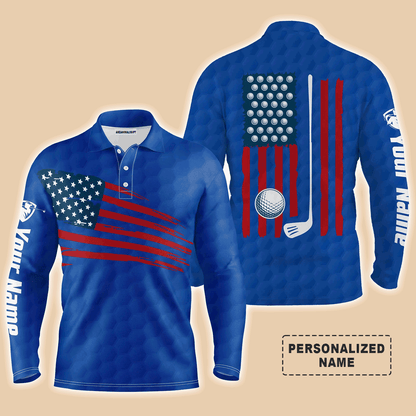 Custom Golf Long Sleeve Men Polo Shirt - Custom Name American Flag Multicolor Apparel - Personalized Gift For Men, Golf Lover