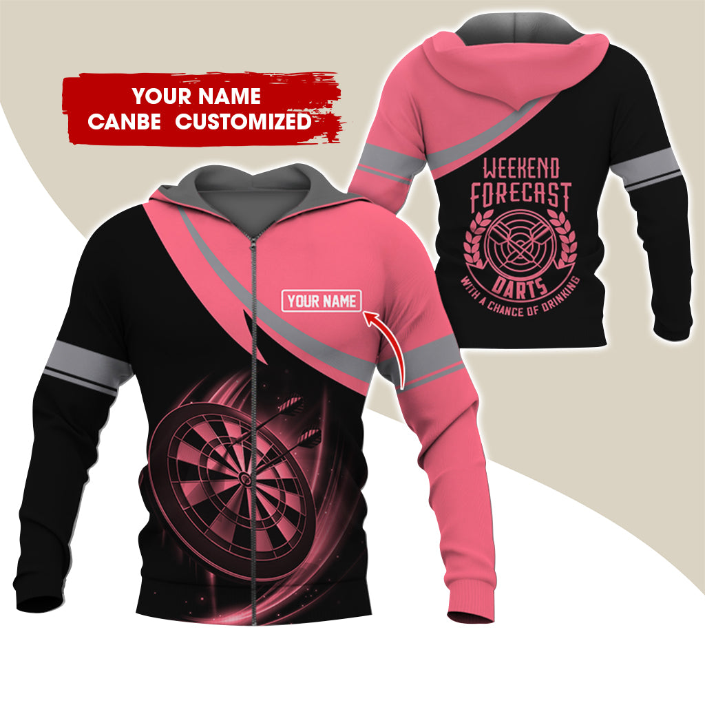 Personalized Name Darts Premium Zip Hoodie, Custom Name Weekend Forecast Darts Zip Hoodie For Men & Women - Gift For Darts Lovers, Darts Players