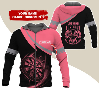 Personalized Name Darts Premium Zip Hoodie, Custom Name Weekend Forecast Darts Zip Hoodie For Men & Women - Gift For Darts Lovers, Darts Players