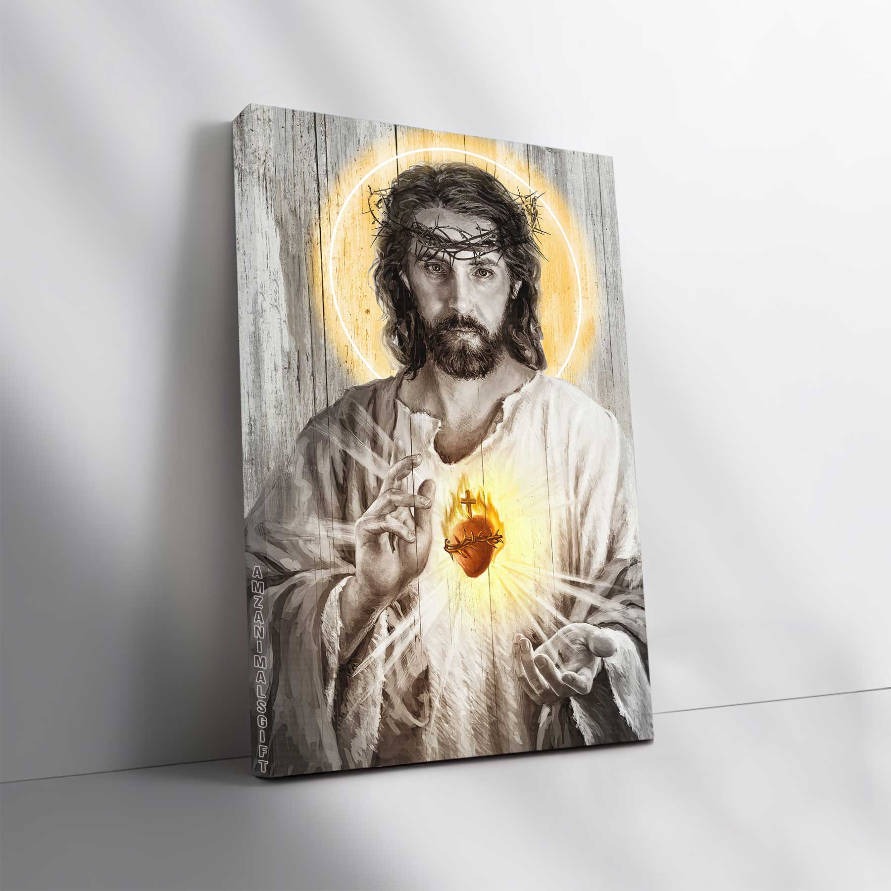 Jesus Portrait Premium Wrapped Canvas - Jesus painting, Sacred heart of Jesus, Halo light Canvas Prints, Christian Wall Art - Perfect Gift for Christian