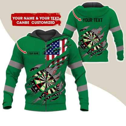 Customized Name & Text American Flag Darts Premium Zip Hoodie, Personalized Dartboard Zip Hoodie For Men & Women - Gift For Darts Lovers, Darts Players