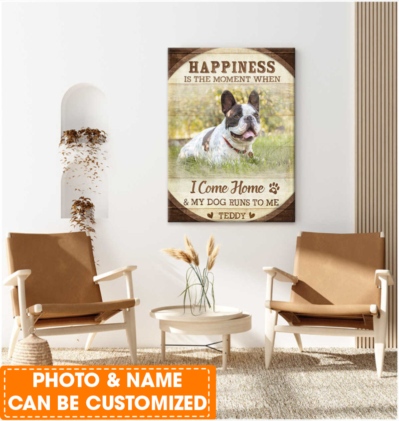 Personalized Dog Portrait Canvas, Custom Pet Photo Gifts Happiness Is The Moment Canvas, Perfect Gift For Dog Lovers, Friend, Family