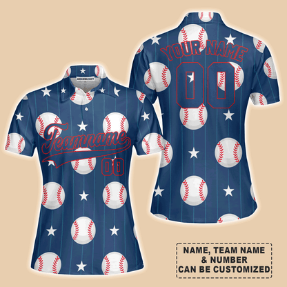 Customized Baseball Women Polo Shirt, Custom Navy Baseball Striped Pattern Custom Polo Shirt - Perfect Polo Shirt For Women, Baseball Lovers