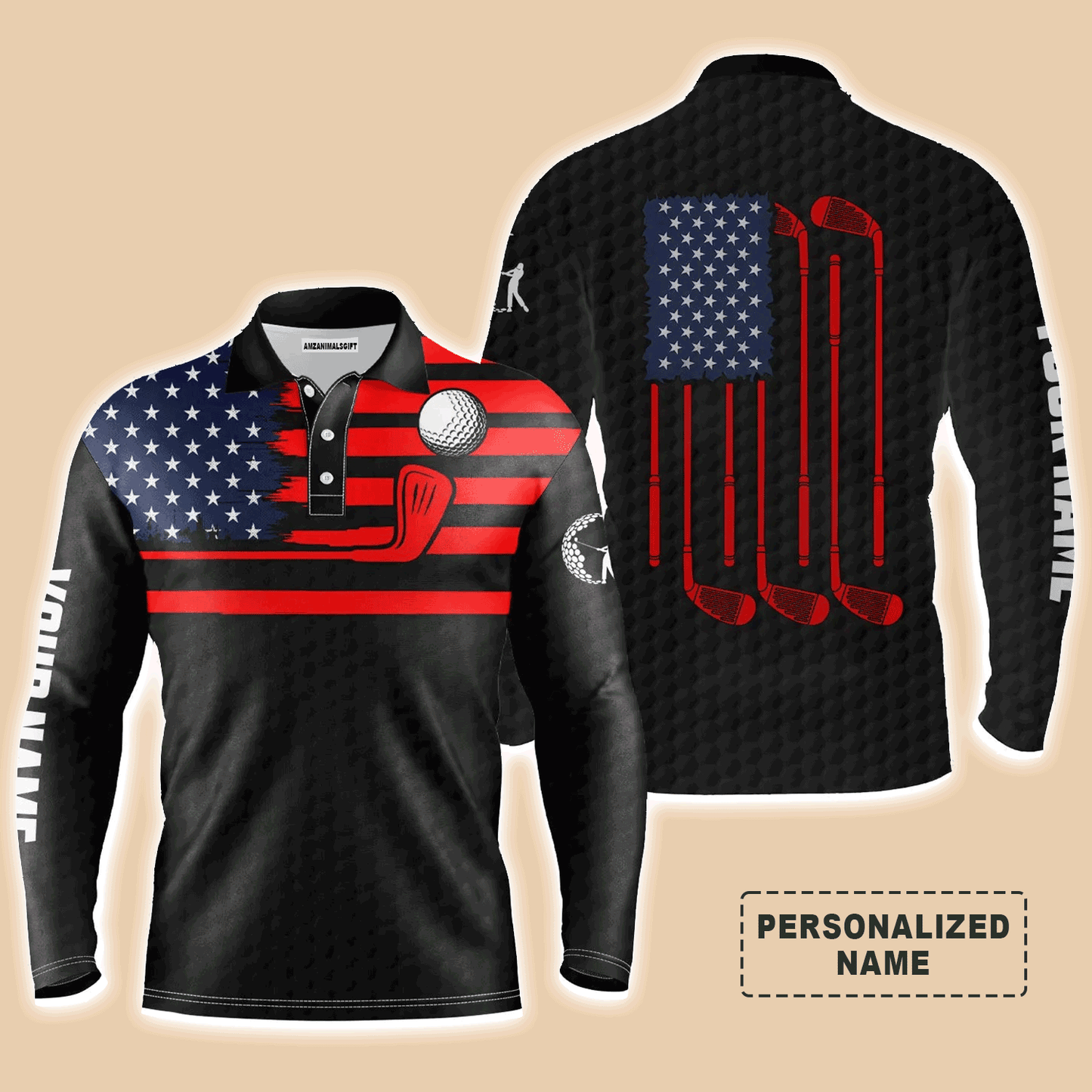 Custom Golf Long Sleeve Men Polo Shirt - Custom Name American Flag Patriotic Apparel, Perfect Gift For Men, Golf Lover