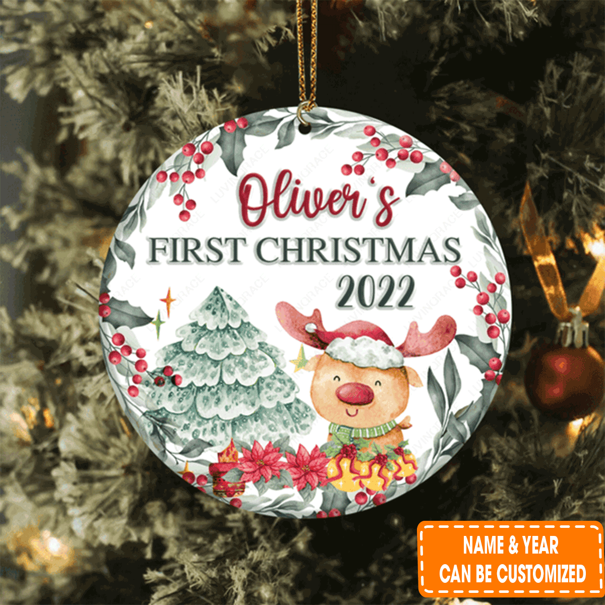Custom Jesus Acrylic Ornament, Personalized First Christmas Lovely Reindeer Pine Floral Acrylic Ornament For Christian, Holiday Decor