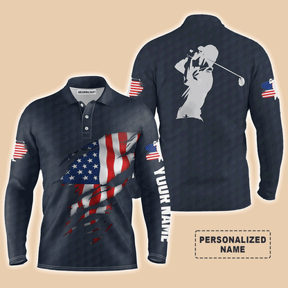 Custom Golf Long Sleeve Men Polo Shirt - Custom Name American Flag Apparel - Personalized Gift For Men, Golf Lover, 4th Of July