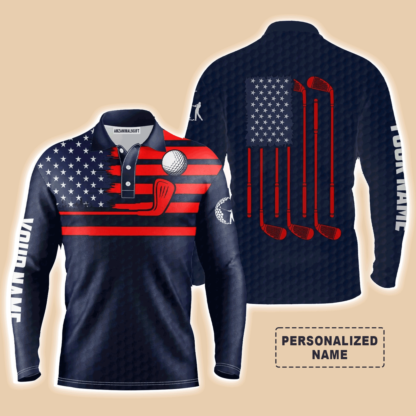 Custom Golf Long Sleeve Men Polo Shirt - American Flag Custom Name Multicolor Apparel Men Golf Polo Shirt - Perfect Polo Shirt For Men, Golf Lover