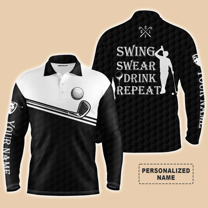 Golf Men Polo Shirt, Custom Name Multicolor Swing Swear Drink Repeat Apparel - Personalized Sports Gifts For Men, Husband, Boyfriend, Golf Lover