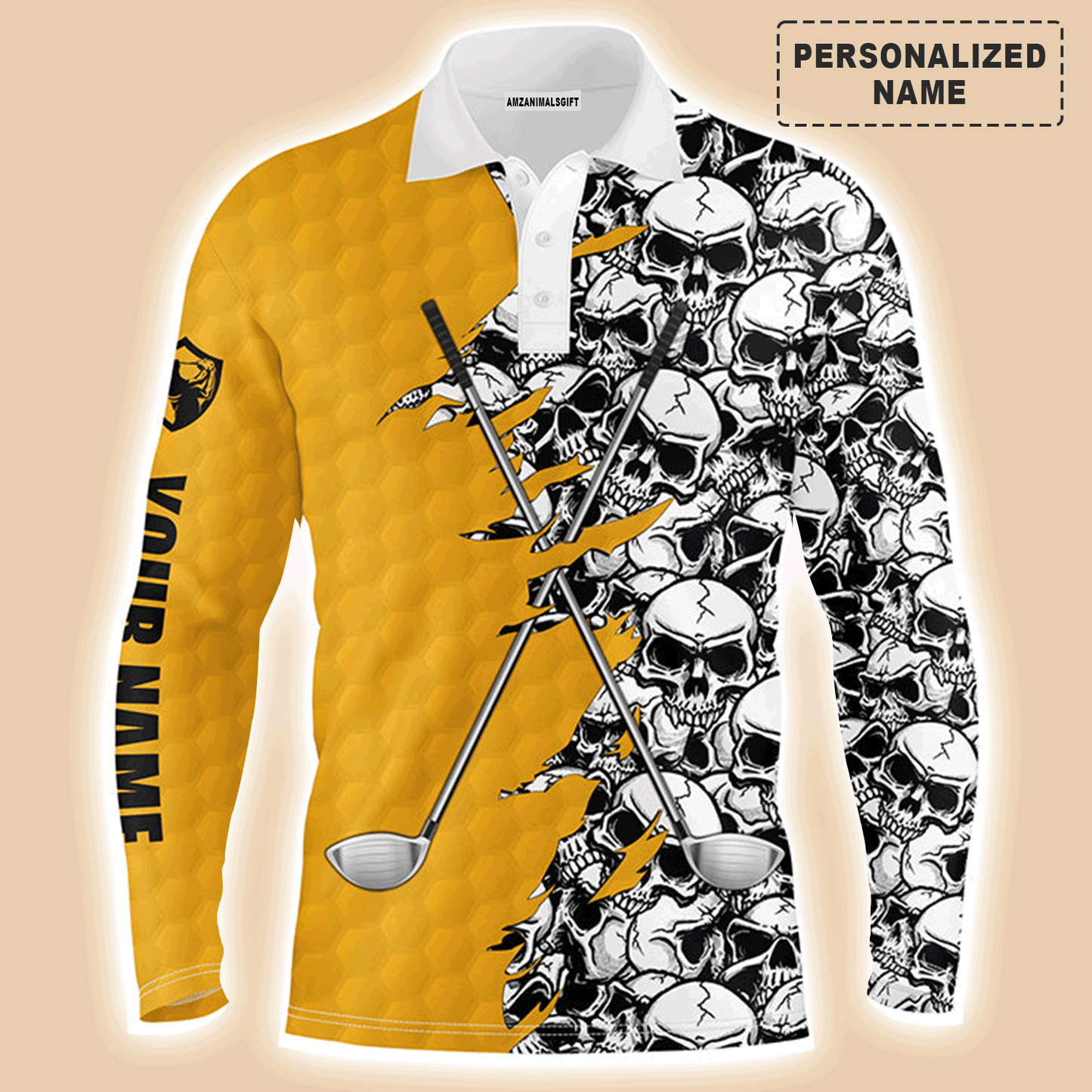 Custom Golf Long Sleeve Men Polo Shirt, Pattern Skull Golf Clubs Performance Custom Name Apparel - Perfect Gift For Men, Golf Lovers