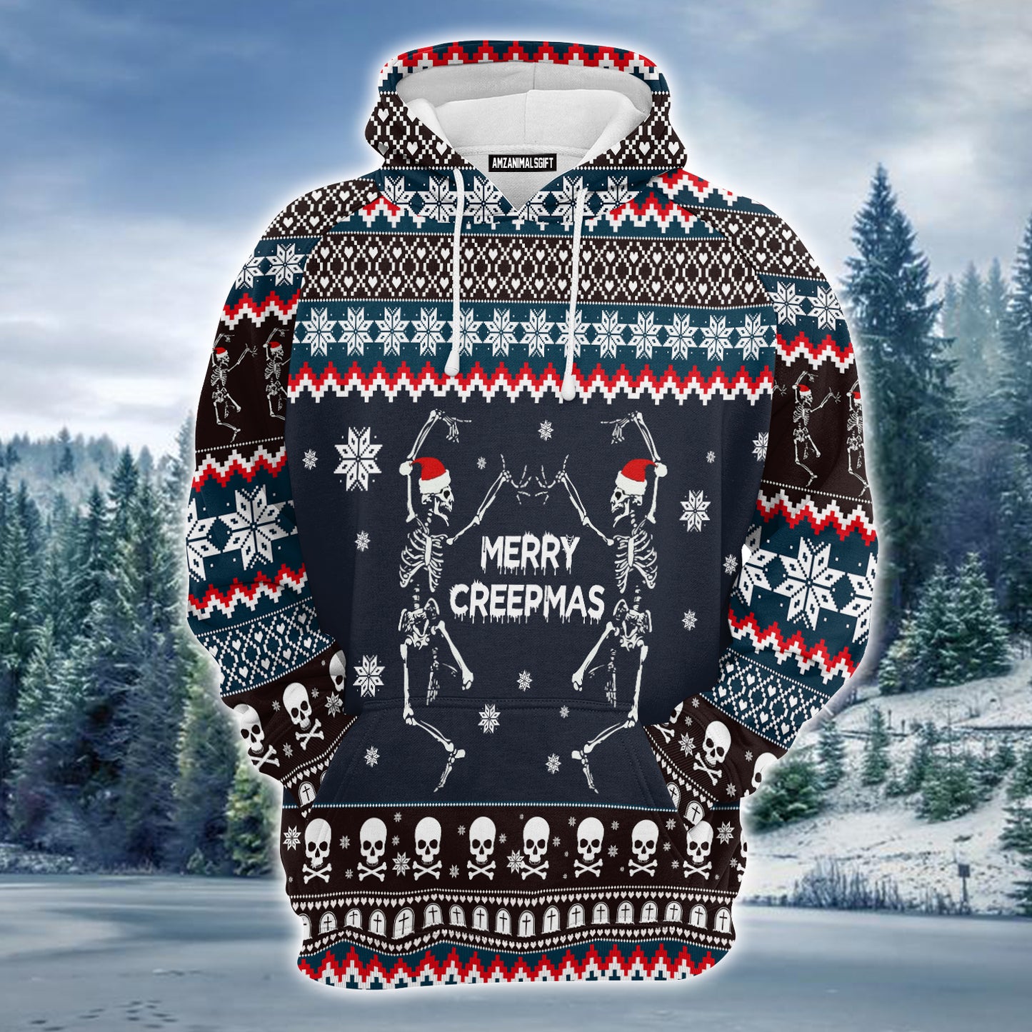 Skeleton Merry Creepmas Premium Hoodie, Christmas Pattern Unisex Hoodie For Men & Women -  Perfect Gift For Christmas, Friends, Family