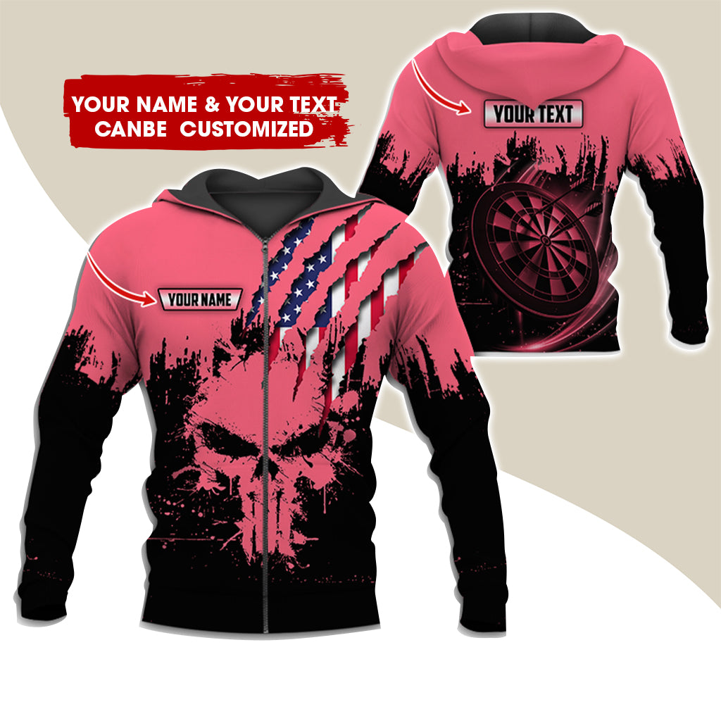 Customized Name & Text Skull Darts Premium Zip Hoodie, Personalized American Flag Zip Hoodie For Men & Women - Gift For Darts Lovers, Darts Players