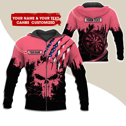 Customized Name & Text Skull Darts Premium Zip Hoodie, Personalized American Flag Zip Hoodie For Men & Women - Gift For Darts Lovers, Darts Players